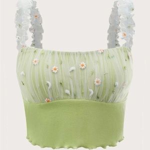 Lime Green Cropped Tank w/ Sheer White Mesh Overlay w/ Embroidered Flowers NWOT